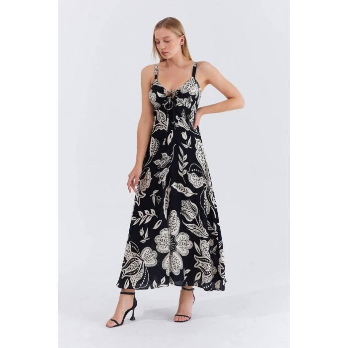 Askılı Viscon Elbise - Siyah