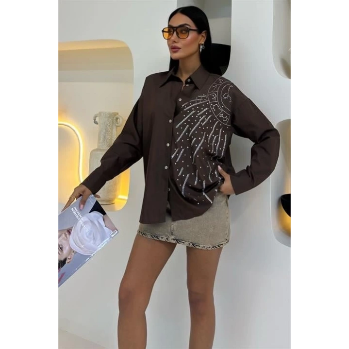 Ay Figürlü Taş İşlemeli Poplin Gömlek 3440
