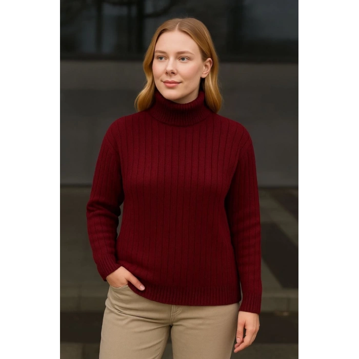 Balıkcı Yaka Bağazlı Triko Kazak Pamuklu Kalın Fitilli Dokuma - Bordo