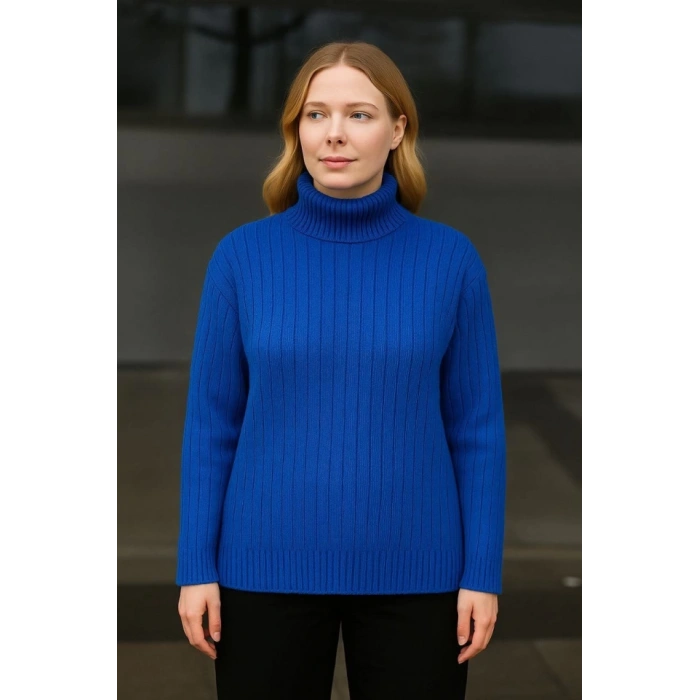 Balıkcı Yaka Bağazlı Triko Kazak Pamuklu Kalın Fitilli Dokuma - Saks Mavisi