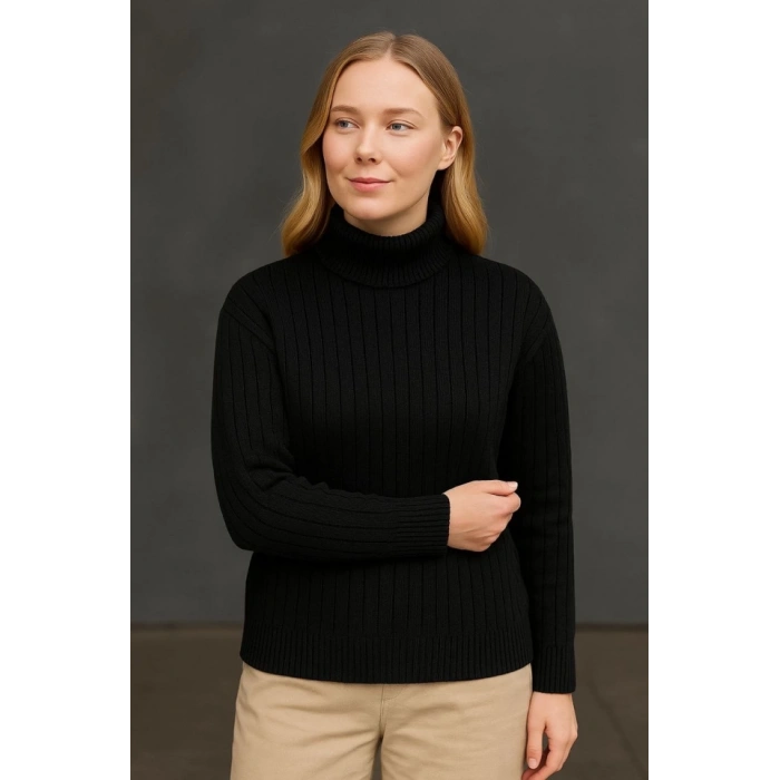 Balıkcı Yaka Bağazlı Triko Kazak Pamuklu Kalın Fitilli Dokuma - Siyah