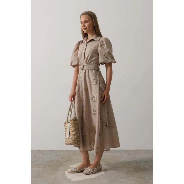 Balon Kol Kemerli Brode Elbise - Taş