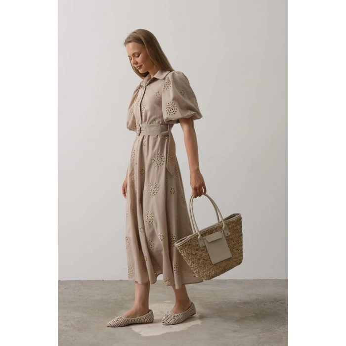 Balon Kol Kemerli Brode Elbise - Taş