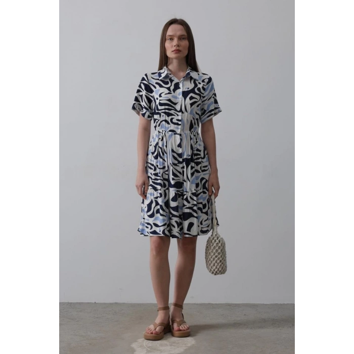 Baskılı Keten Elbise - Lacivert