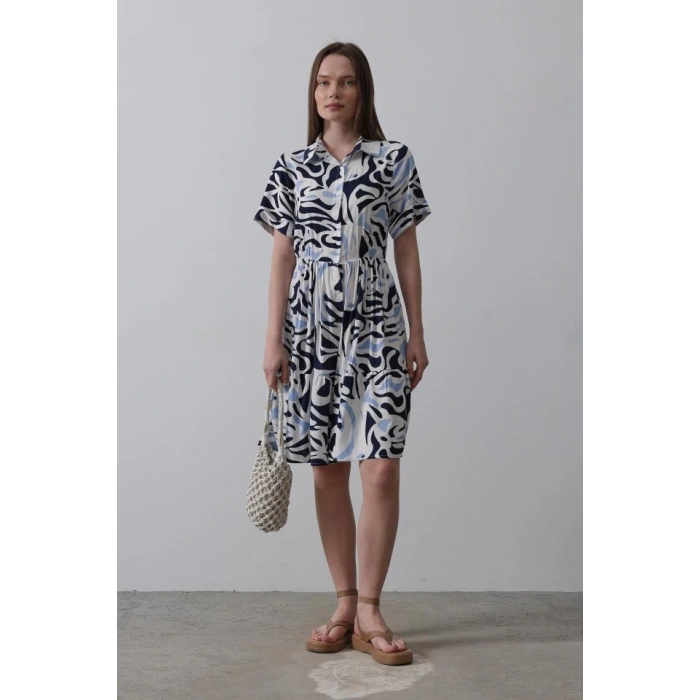 Baskılı Keten Elbise - Lacivert