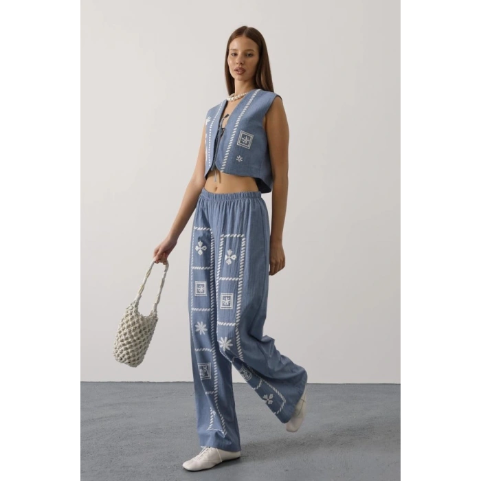 Baskılı Önü Bağlamalı Yelekli Takım - İndigo