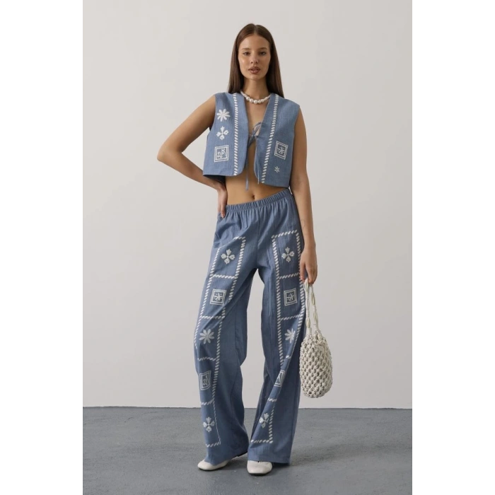 Baskılı Önü Bağlamalı Yelekli Takım - İndigo