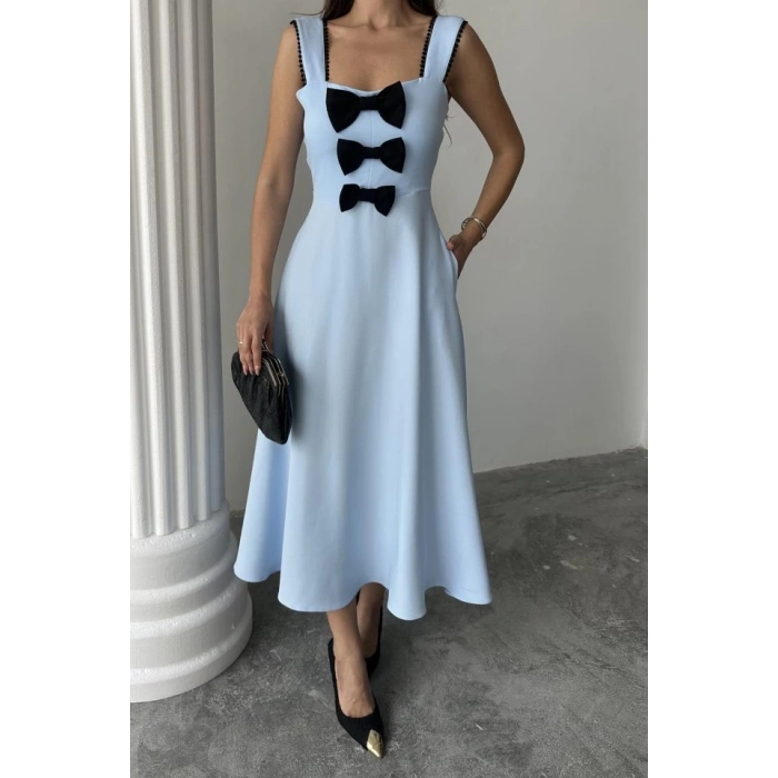 Bebe Mavi Fiyonk Garnili Dantelli Elbise