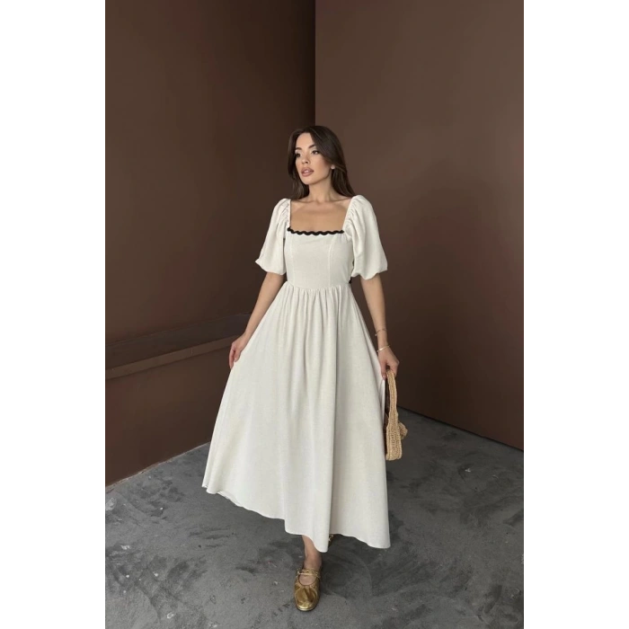 Bej Arkası Bağlamalı Keten Elbise