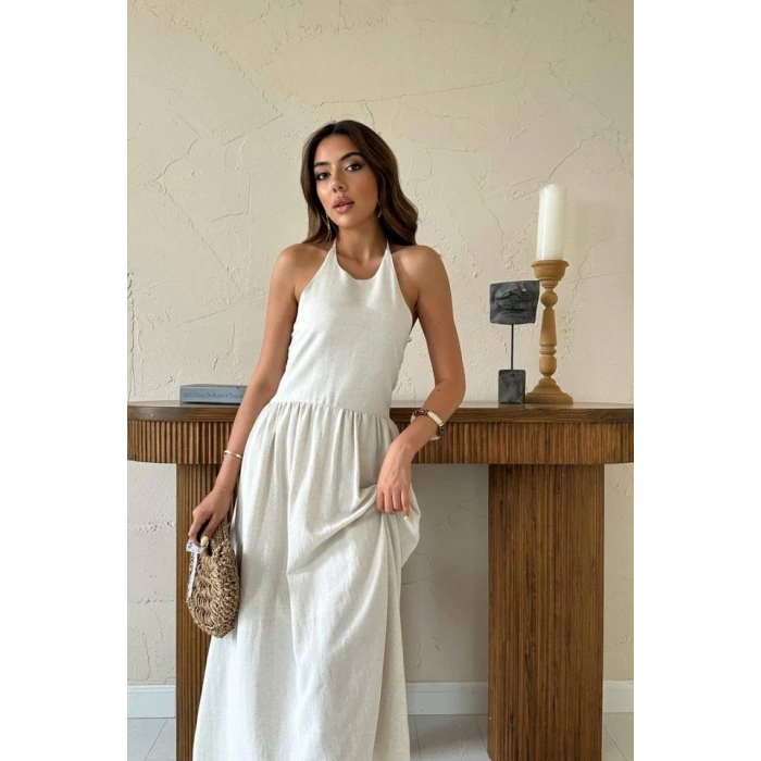 Bej Arkası Gipeli Keten Elbise