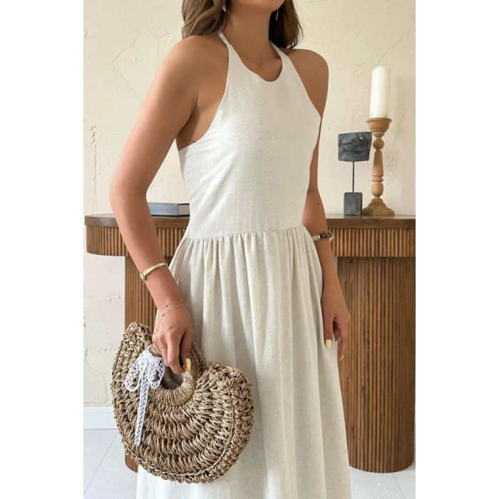 Bej Arkası Gipeli Keten Elbise