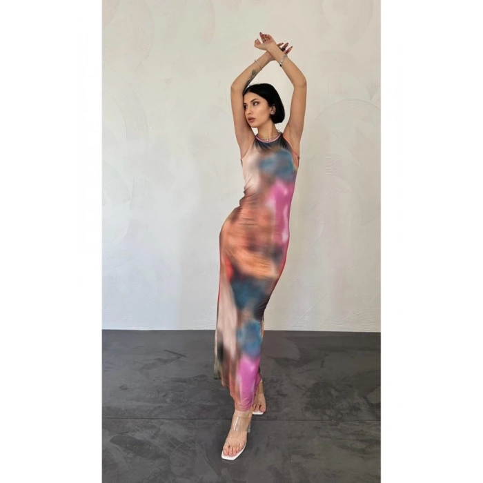 Bej Batik Desenli Elbise