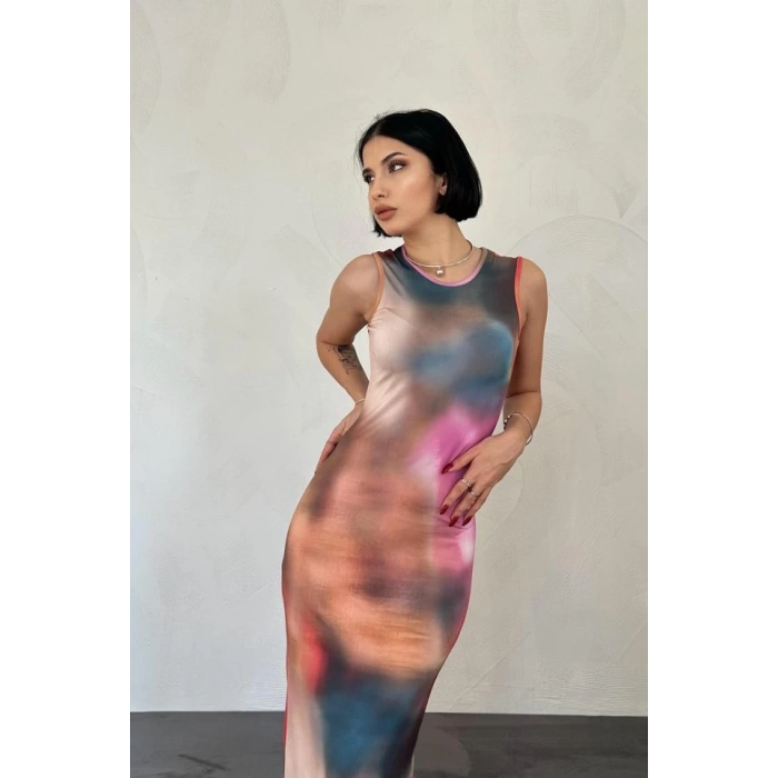 Bej Batik Desenli Elbise