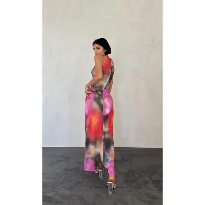 Bej Batik Desenli Elbise