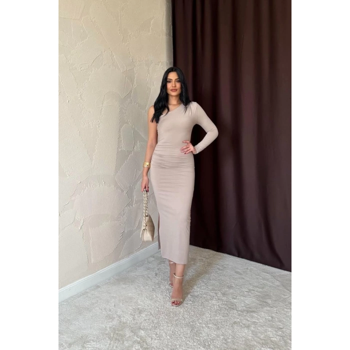 Bej Büzgü Detaylı Tek Omuz Elbise