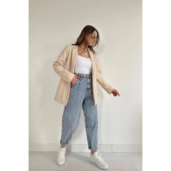 Bej Düğmeli Deri Ceket