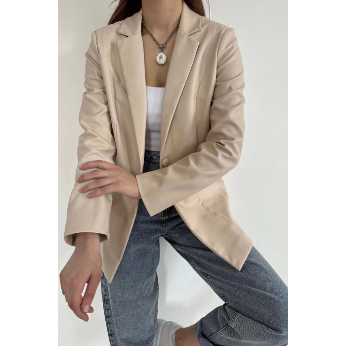 Bej Düğmeli Deri Ceket