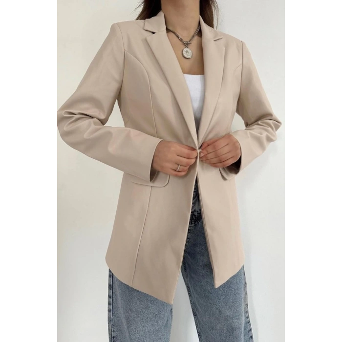 Bej Düğmeli Deri Ceket