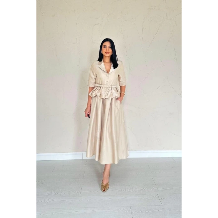 Bej İnce Kemerli Fırfırlı Ceket Ve Büzgülü Etek Takım