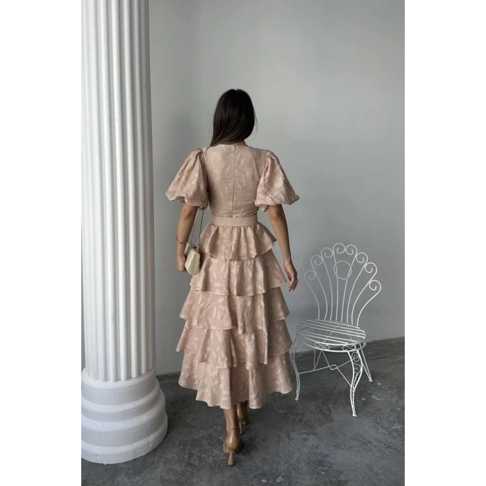 Bej Kat Kat Balon Kollu Kemerli Elbise