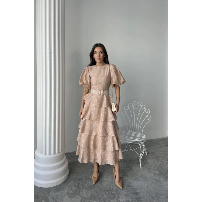 Bej Kat Kat Balon Kollu Kemerli Elbise