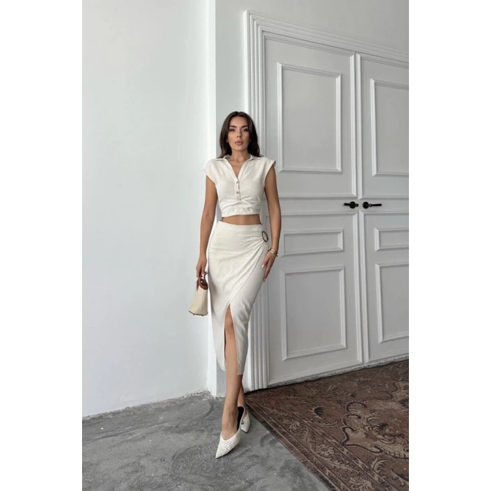 Bej Keten Gömlek Ve Etek Takım