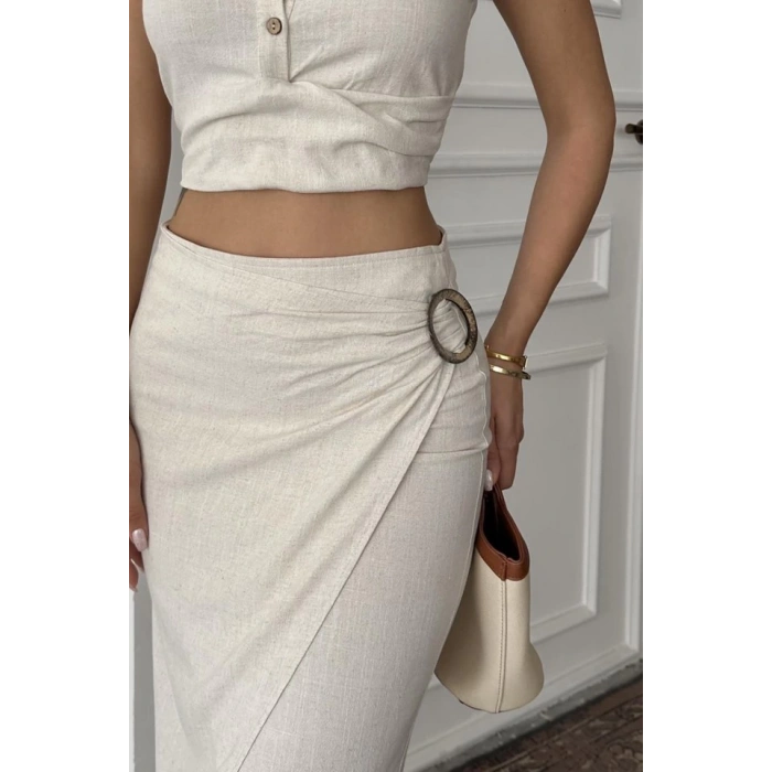 Bej Keten Gömlek Ve Etek Takım