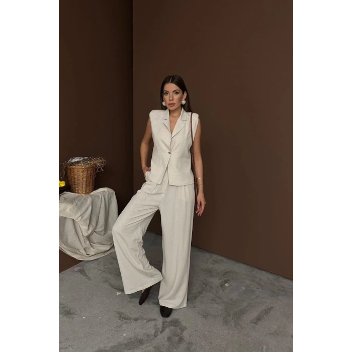 Bej Keten Yelek Pantolon Takım
