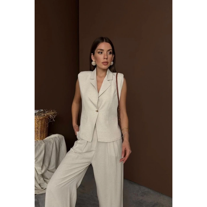 Bej Keten Yelek Pantolon Takım