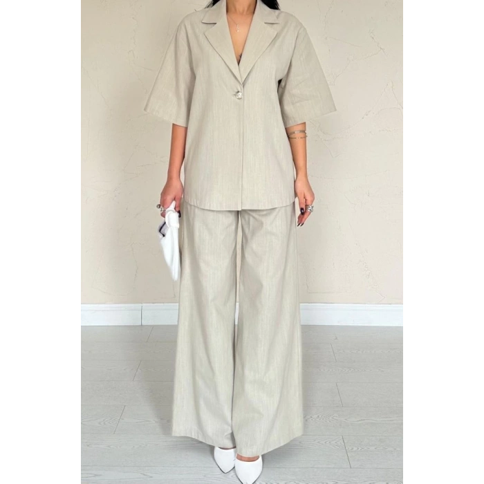 Bej Önü Tek Düğmeli Ceket Pantolon Takım