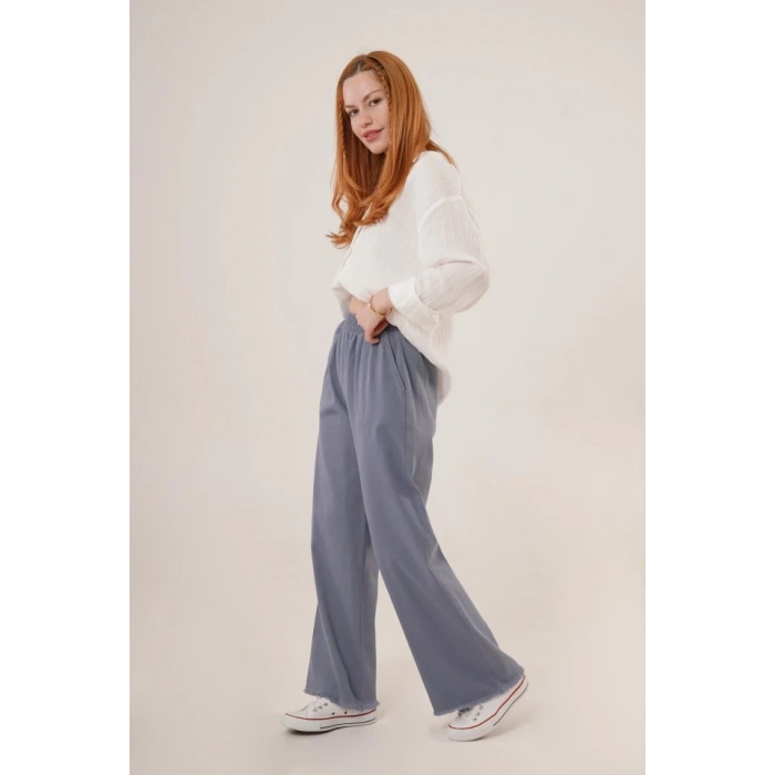 Bel Lastikli Paça Detaylı Cepli İndigo Pantolon