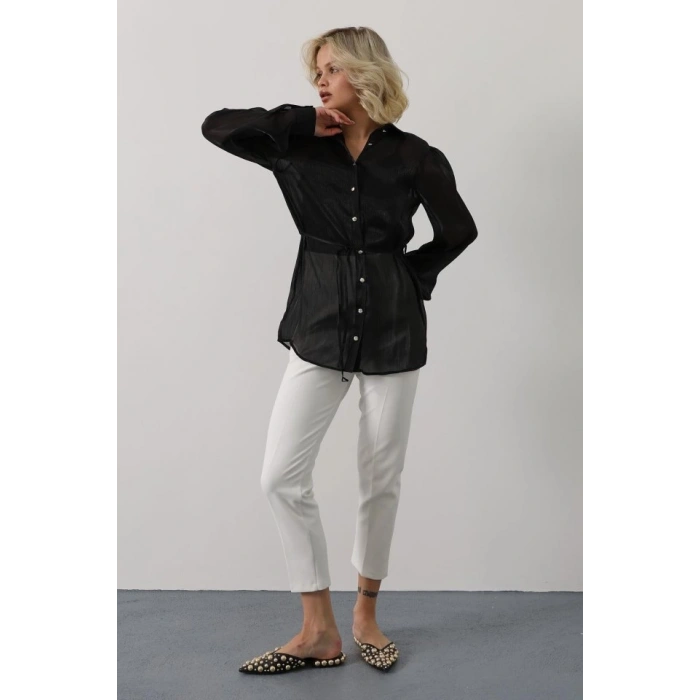 Belden Bağlamalı Uzun Kol Gömlek - Siyah