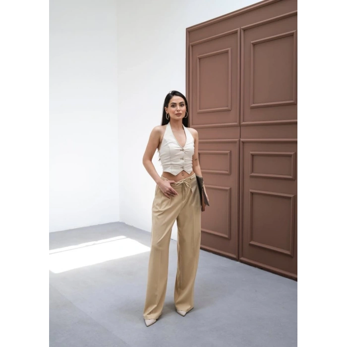 Beli̇ Lasti̇k Ve Bağcikli Geni̇ş Paça Pantolon