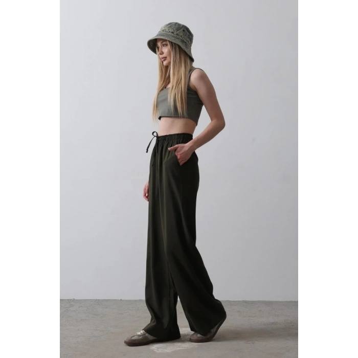 Beli Lastikli Bol Paça Pantolon - Koyu Haki