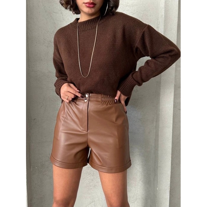 Beli lastikli çıtçıtlı deri şort kahve w241007