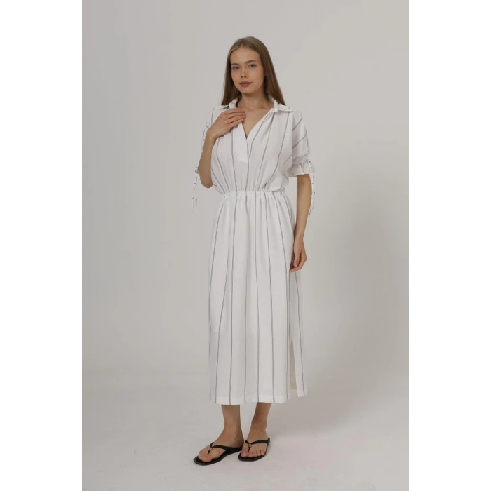 Beli Lastikli Elbise - Beyaz