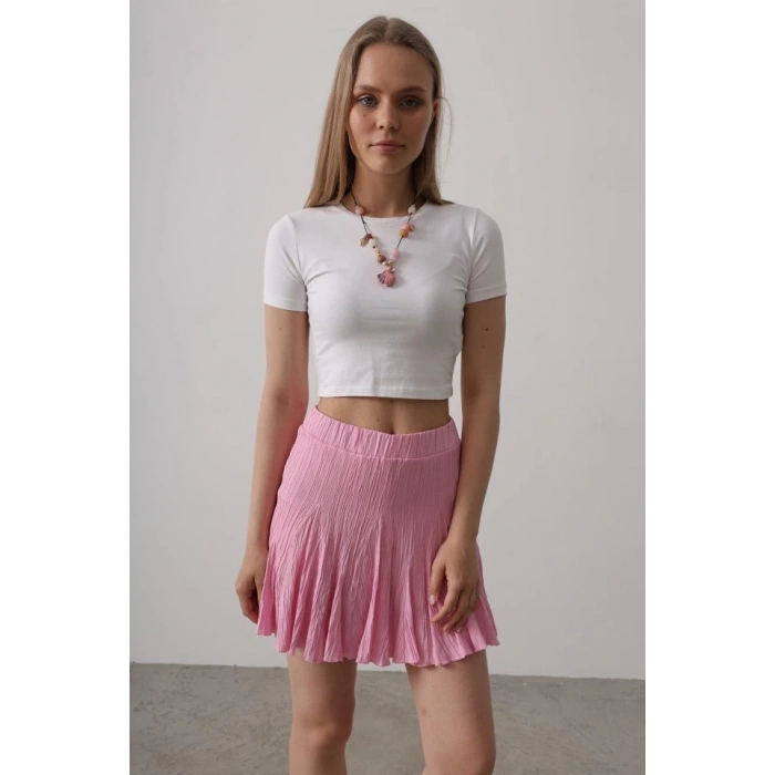 Beli Lastikli Mini Etek - Pembe