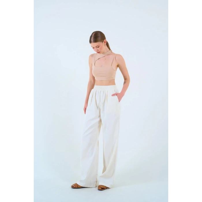 Beli Lastikli Palazo Pantolon - Taş