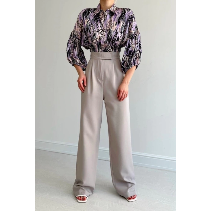 Beli Lastikli Saten Gömlek - Lila