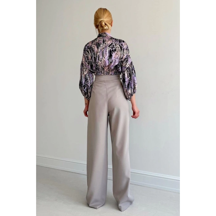 Beli Lastikli Saten Gömlek - Lila