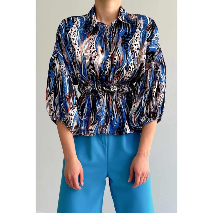 Beli Lastikli Saten Gömlek - Mavi