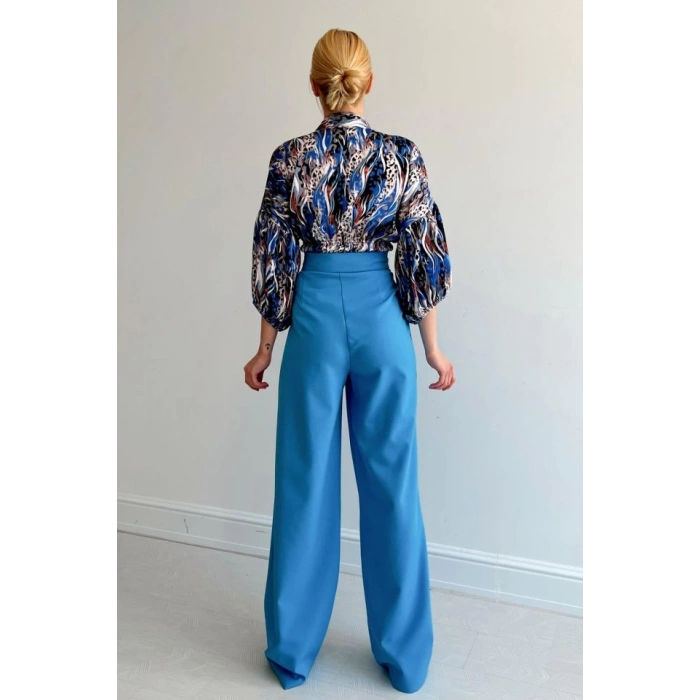 Beli Lastikli Saten Gömlek - Mavi