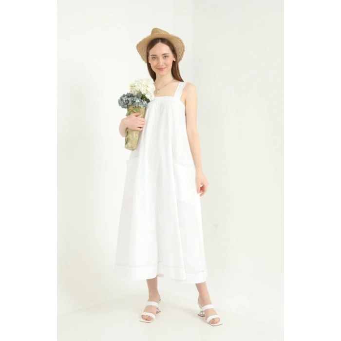 Beyaz Askılı Cepli Elbise