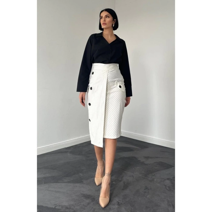 Beyaz Çizgili Poliviskon Etek