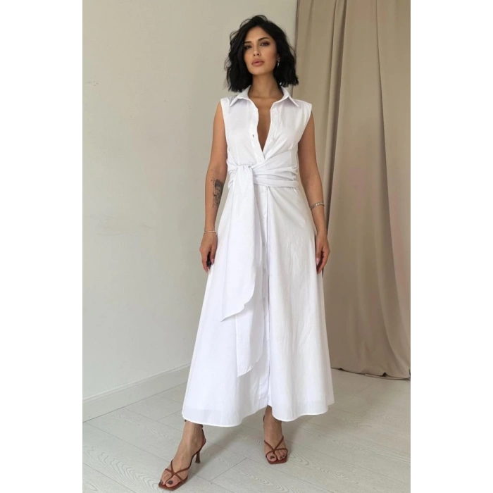 Beyaz Gömlek Yaka Bağlamalı Elbise