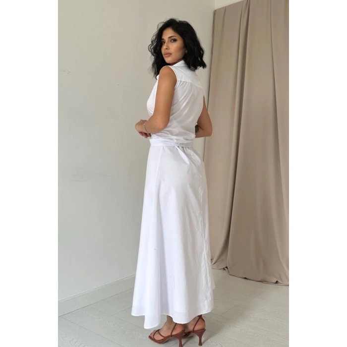 Beyaz Gömlek Yaka Bağlamalı Elbise