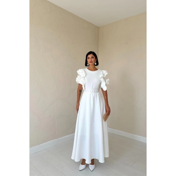 Beyaz Kolları Volanlı Kemerli Elbise