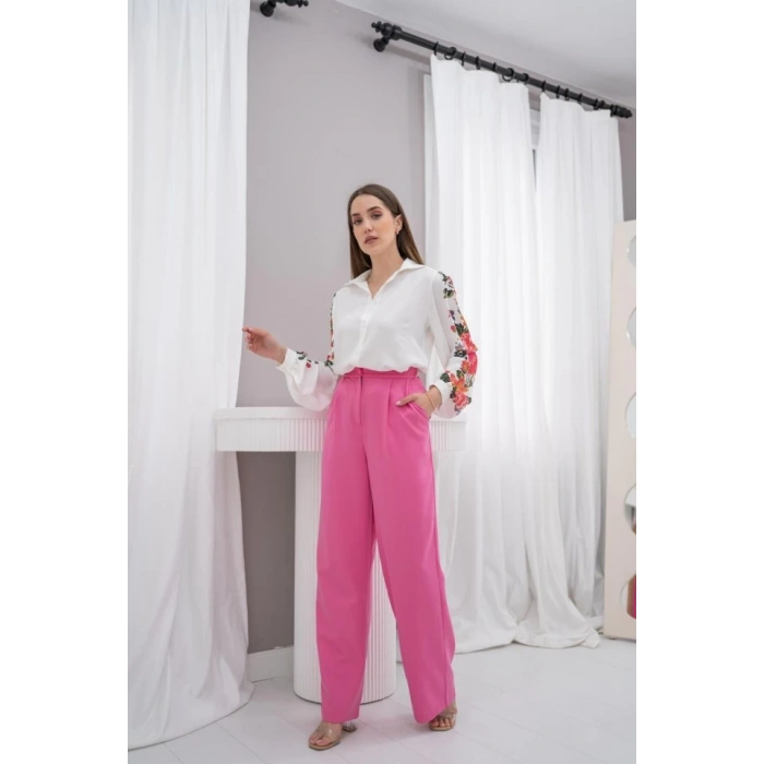 Beyaz Kolu Çiçekli Gömlek