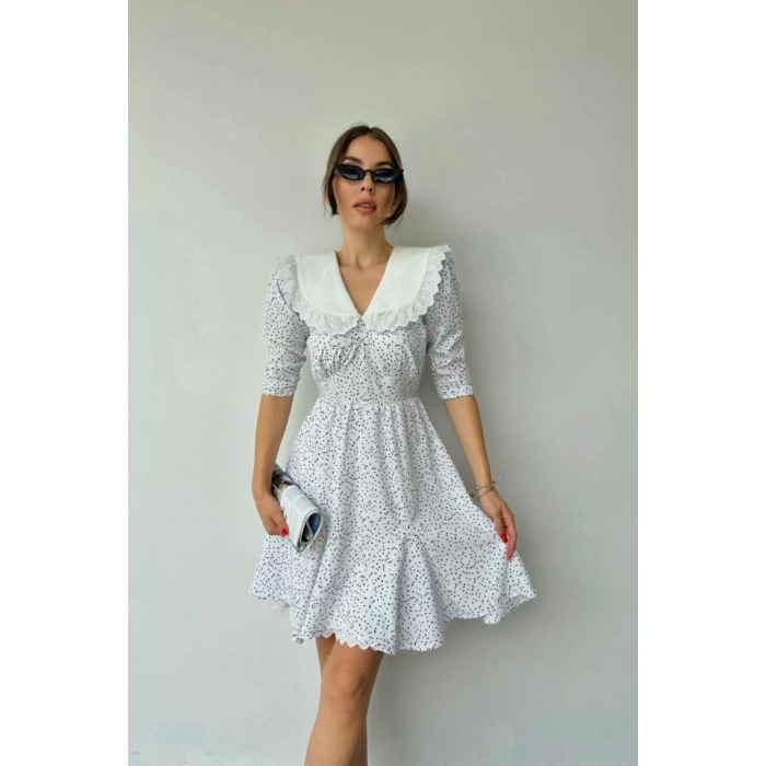 Beyaz Puantiyeli Önlük Yaka Elbise