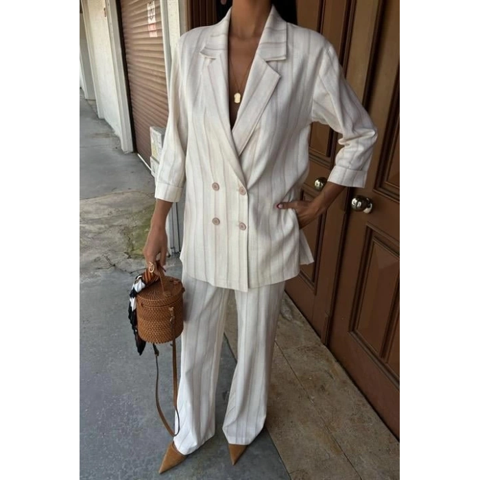Blazer Ceketli Çizgili Keten Takım 10186